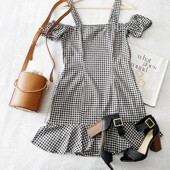 H&M Black + White Gingham Cold Shoulder Dress - Picture 1 of 15